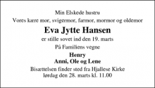 Dødsannoncen for Eva Jytte Hansen - Odense