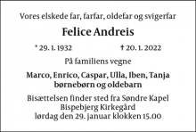 Dødsannoncen for Felice Andreis - Gentofte