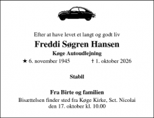 Dødsannoncen for Freddi S&oslash;gren Hansen - Køge