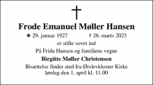Dødsannoncen for Frode Emanuel Møller Hansen - Højslev