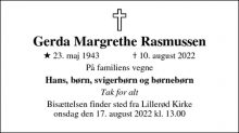 Dødsannoncen for Gerda Margrethe Rasmussen - Allerød