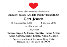 Dødsannoncen for Gert Jensen - Hjørring