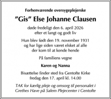 Dødsannoncen for &rdquo;Gis&rdquo; Else Johanne Clausen - 2820 Gentofte