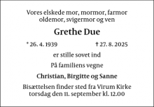 Dødsannoncen for Grethe Due - København Ø