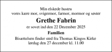 Dødsannoncen for Grethe Fabrin - Odense