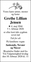 Dødsannoncen for Grethe Lillian Jensen - Kokkedal