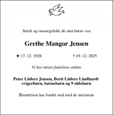 Dødsannoncen for Grethe Mangor Jensen - Hillerød