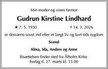 Dødsannoncen for Gudrun Kirstine Lindhard - København