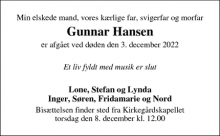 Dødsannoncen for Gunnar Hansen - Odense