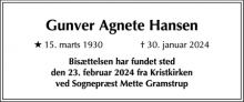 Dødsannoncen for Gunver Agnete Hansen - Hellerup