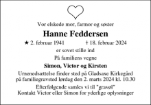 Dødsannoncen for Hanne Feddersen - Bagsværd