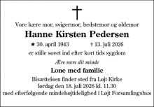 Dødsannoncen for Hanne Kirsten Pedersen - Uldum