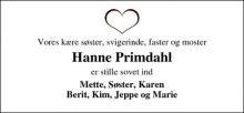 Dødsannoncen for Hanne Primdahl - Rødding, Spøttrup