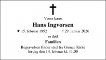 Dødsannoncen for Hans Ingvorsen - Grenaa