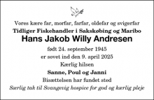 Dødsannoncen for Hans Jakob Willy Andresen - Marrebæk 