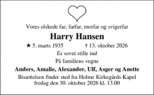 Dødsannoncen for Harry Hansen - Aarhus