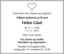 Dødsannoncen for Helen Glud - RUNGSTED KYST
