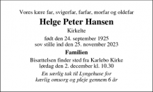 Dødsannoncen for Helge Peter Hansen - Frederikssund