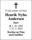Dødsannoncen for Henrik Nybo
Andersen - Bodilsker