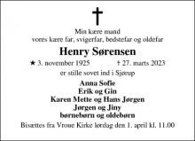 Dødsannoncen for Henry Sørensen - sjørup