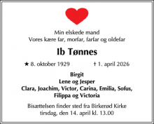 Dødsannoncen for Ib T&oslash;nnes - Birkerød