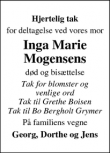 Dødsannoncen for Inga Marie
Mogensen - Vojens
