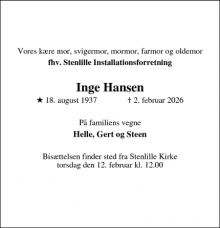 Dødsannoncen for Inge Hansen - Stenlille
