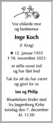 Dødsannoncen for Inge Koch - Charlottenlund