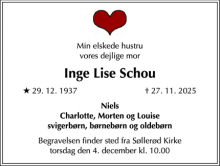 Dødsannoncen for Inge Lise Schou - Skodsborg