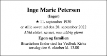 Dødsannoncen for Inge Marie Petersen - Holte 