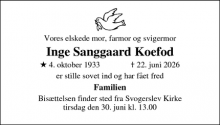 Dødsannoncen for Inge Sanggaard Koefod - Frederiksberg C