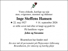 Dødsannoncen for Inge Steffens Hansen - Birkerød