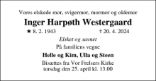 Dødsannoncen for Inger Harpøth Westergaard - Vejle