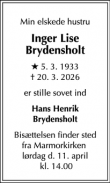 Dødsannoncen for Inger Lise Brydensholt  - København K
