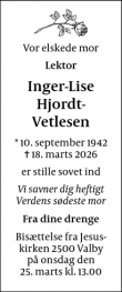 Dødsannoncen for Inger-Lise
Hjordt-Vetlesen - Kbh.