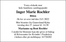 Dødsannoncen for Inger Marie Rochler - Brejning. 7080 Børkop