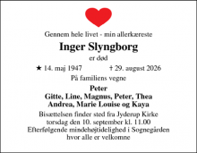 Dødsannoncen for Inger Slyngborg - Jyderup
