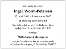 Dødsannoncen for Inger Worm-Petersen - København N