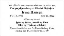 Dødsannoncen for Irma Hansen - Frederiksberg