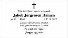 Dødsannoncen for Jakob Jørgensen Hansen - Roslev