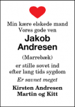 Dødsannoncen for Jakob
Andresen - Marrebæk
