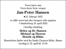 Dødsannoncen for Jan-Peter Hansen - Havneby Rømø 