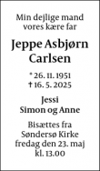 Dødsannoncen for Jeppe Asbjørn
Carlsen - Søndersø