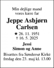 Dødsannoncen for Jeppe Asbjørn
Carlsen - Søndersø