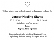 Dødsannoncen for Jesper Hasling Skytte - Nykøbing Falster