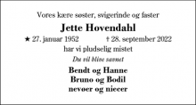 Dødsannoncen for Jette Hovendahl - Ikast