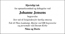 Dødsannoncen for Johanne Jensens - Bramming