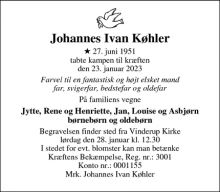 Dødsannoncen for Johannes Ivan Køhler - Ryde