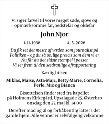 Dødsannoncen for John Njor - Rørvig