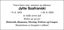 Dødsannoncen for Jytte Szafranski - Nakskov